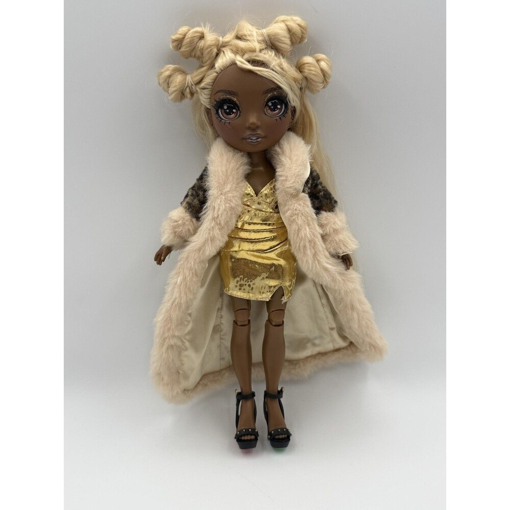 Fashion Doll 11 In Blonde Hair Gold Dress Fur Leopard Coat Outfit Shoes
